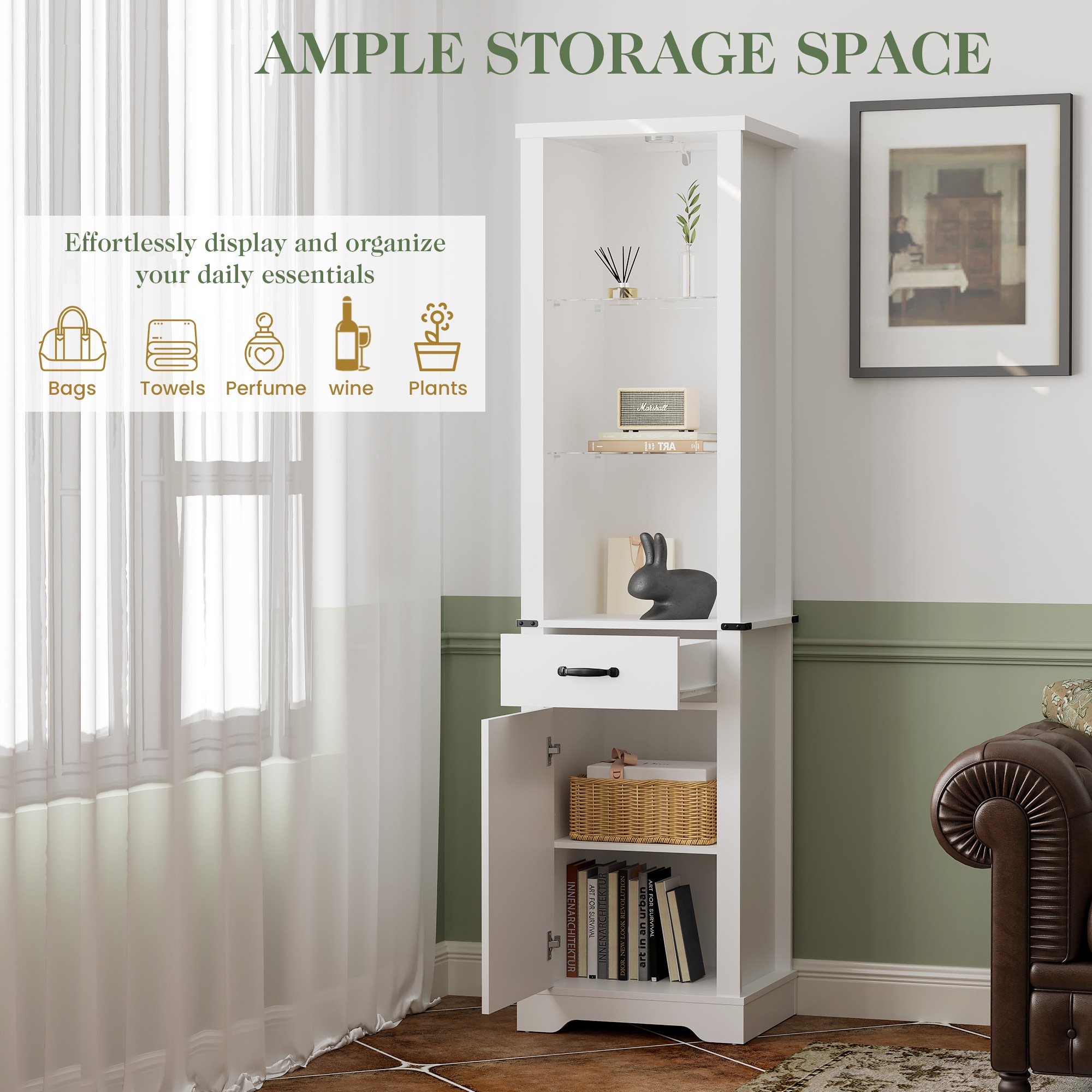 75'' Tall Storage Cabinet With LED Light, Farmhouse Pantry Cabinet With Tempered Glass Adjustable Shelves & Barn Door, Freestanding Linen Tower For Bathroom, Living Room, Kitchen, White_voghion.com
